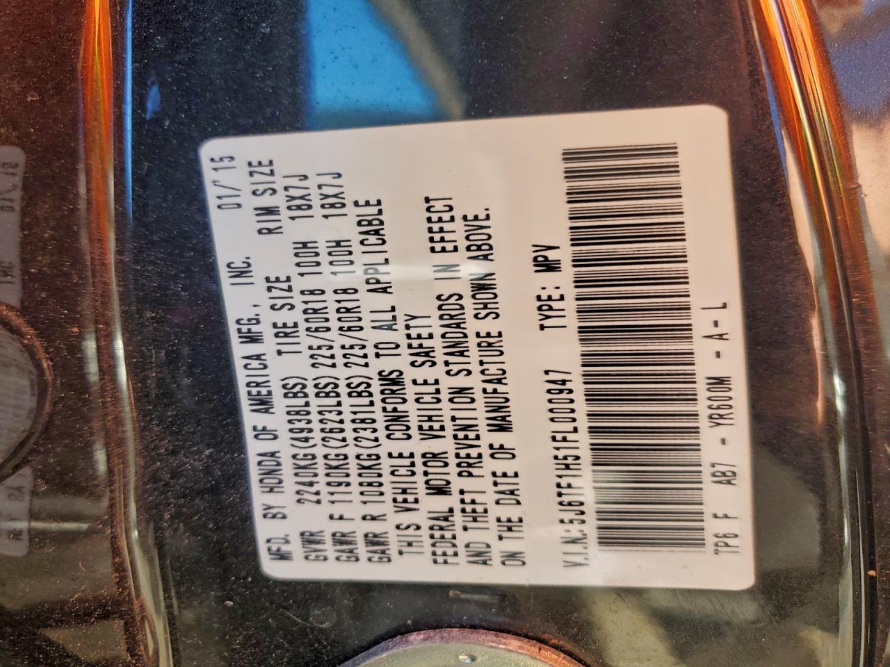 2015 Honda Crosstour Exl VIN: 5J6TF1H51FL000947 Lot: 94027115