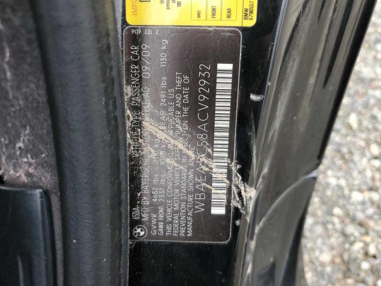 2010 BMW 650 I VIN: WBAEA5C58ACV92932 Lot: 92494675