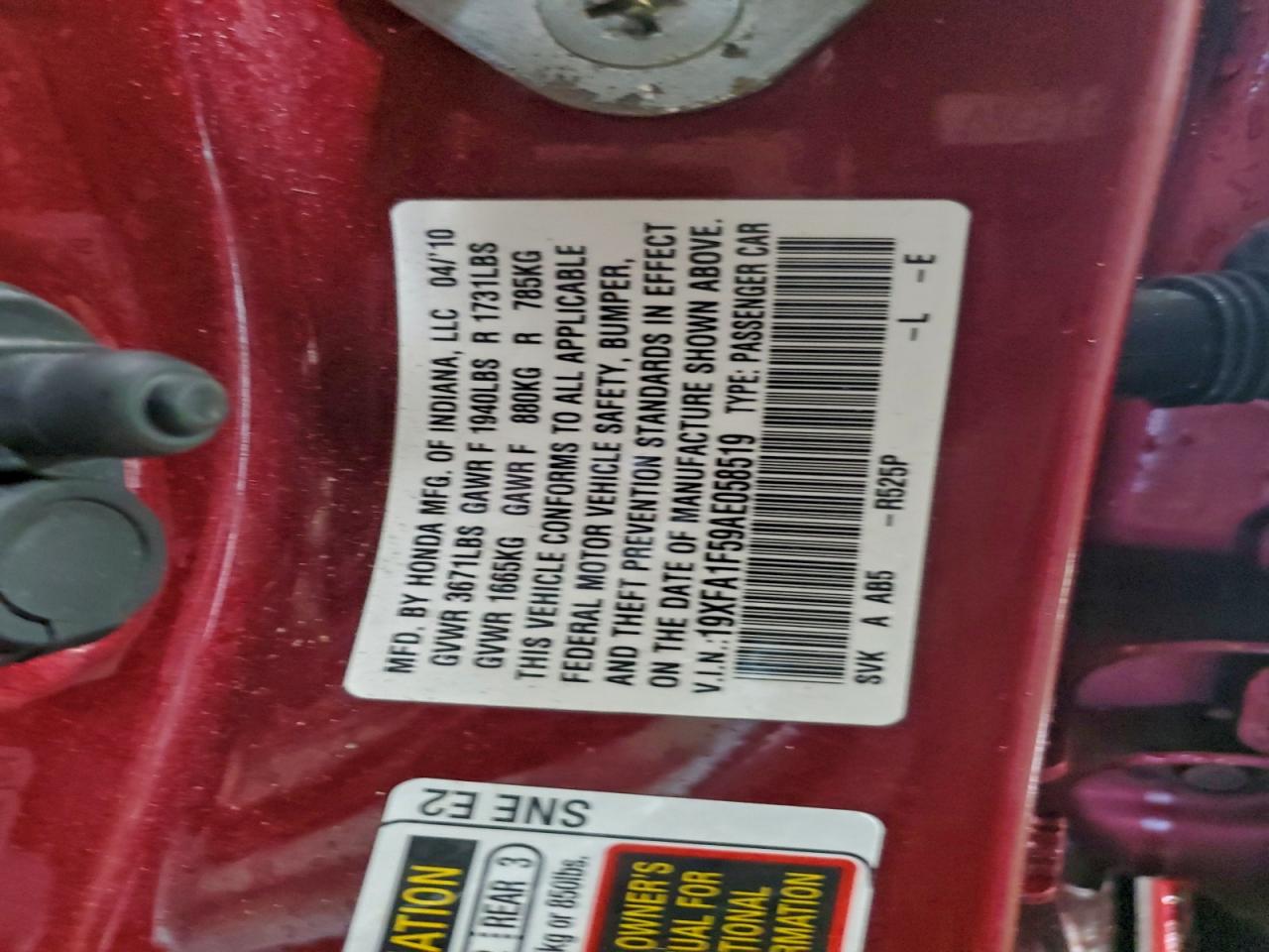 2010 Honda Civic Lx VIN: 19XFA1F59AE058519 Lot: 93986785