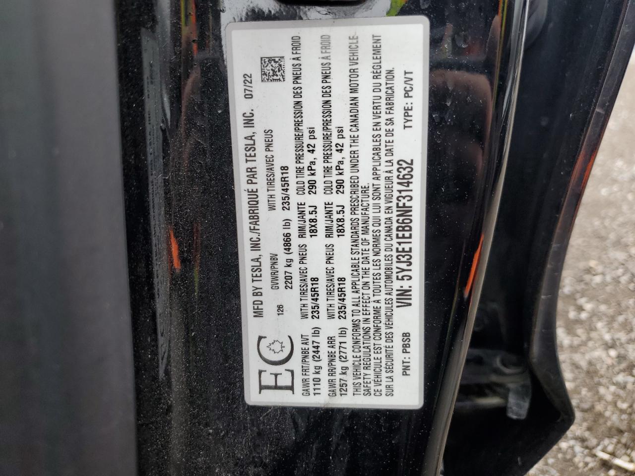 2022 Tesla Model 3 VIN: 5YJ3E1EB6NF314632 Lot: 92241995