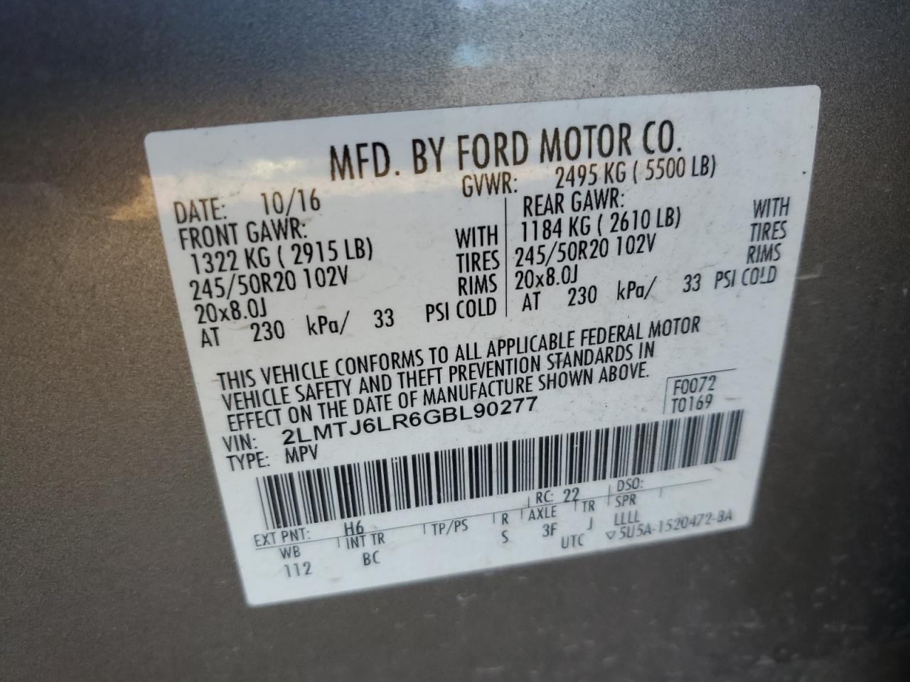 2016 Lincoln Mkx Reserve VIN: 2LMTJ6LR6GBL90277 Lot: 91172025