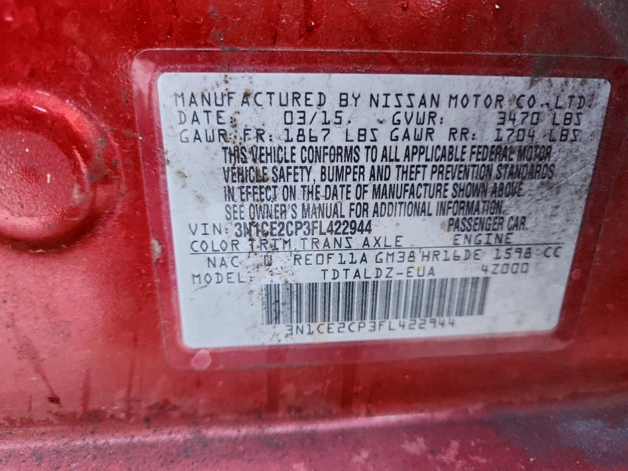 2015 Nissan Versa Note S VIN: 3N1CE2CP3FL422944 Lot: 93948175