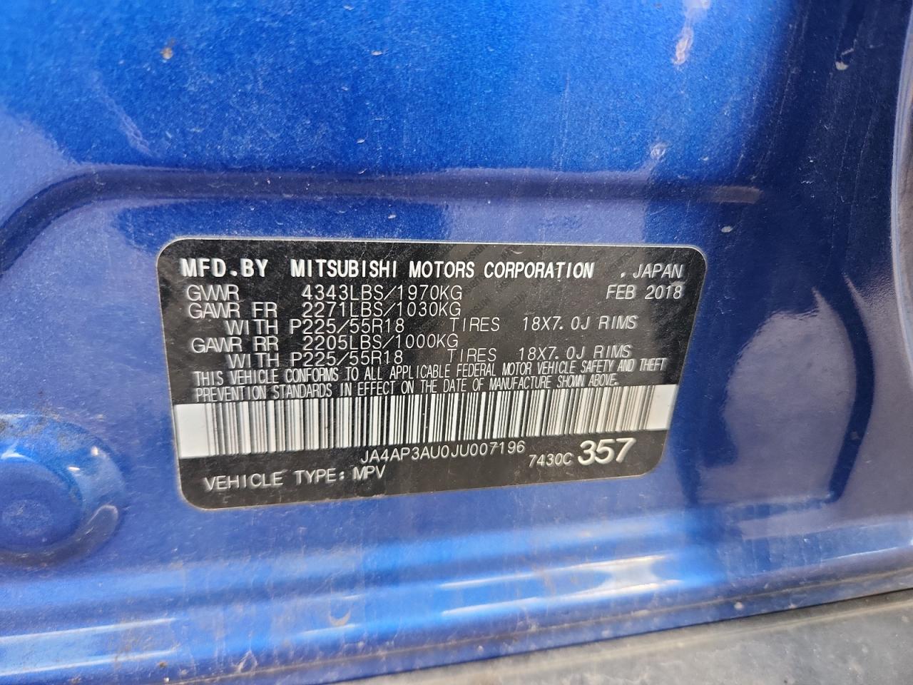 2018 Mitsubishi Outlander Sport Es VIN: JA4AP3AU0JU007196 Lot: 92897935