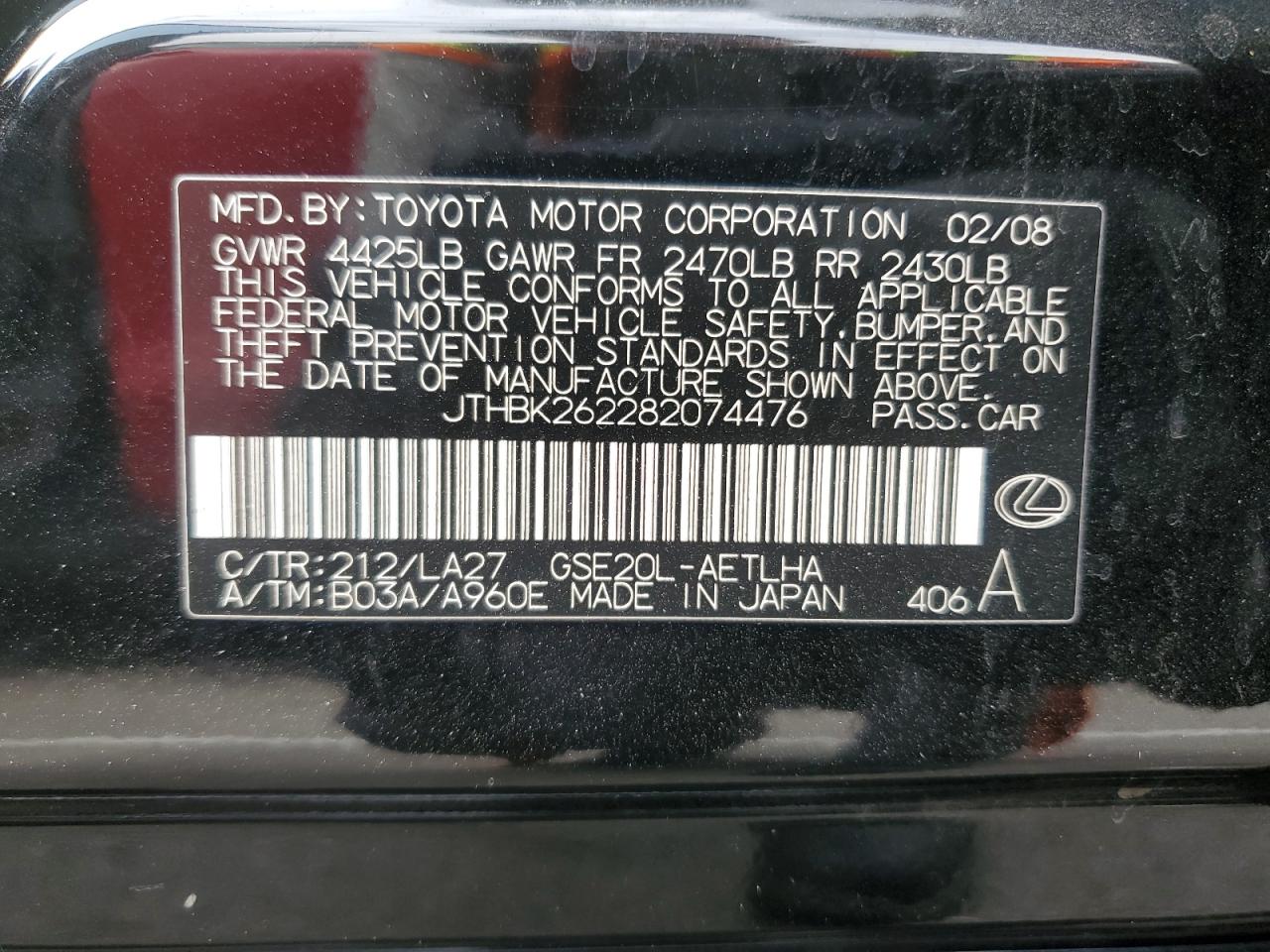 2008 Lexus Is 250 VIN: JTHBK262282074476 Lot: 92722075