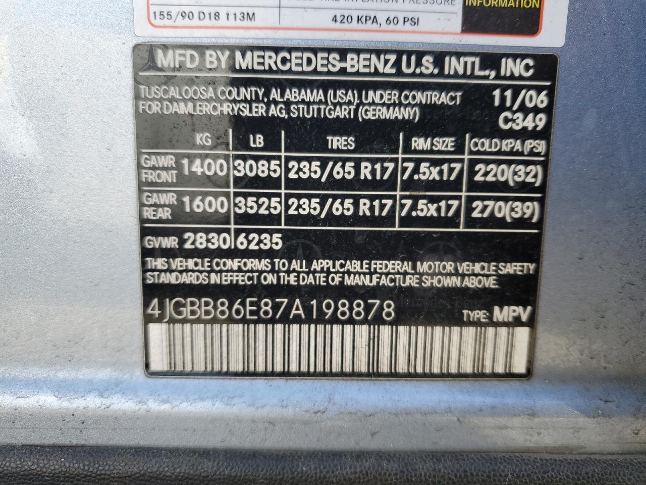 2007 Mercedes-Benz Ml 350 VIN: 4JGBB86E87A198878 Lot: 92640795