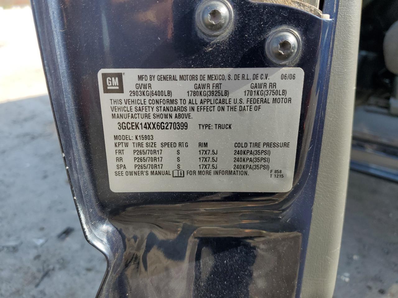 2006 Chevrolet Silverado K1500 VIN: 3GCEK14XX6G270399 Lot: 91790025