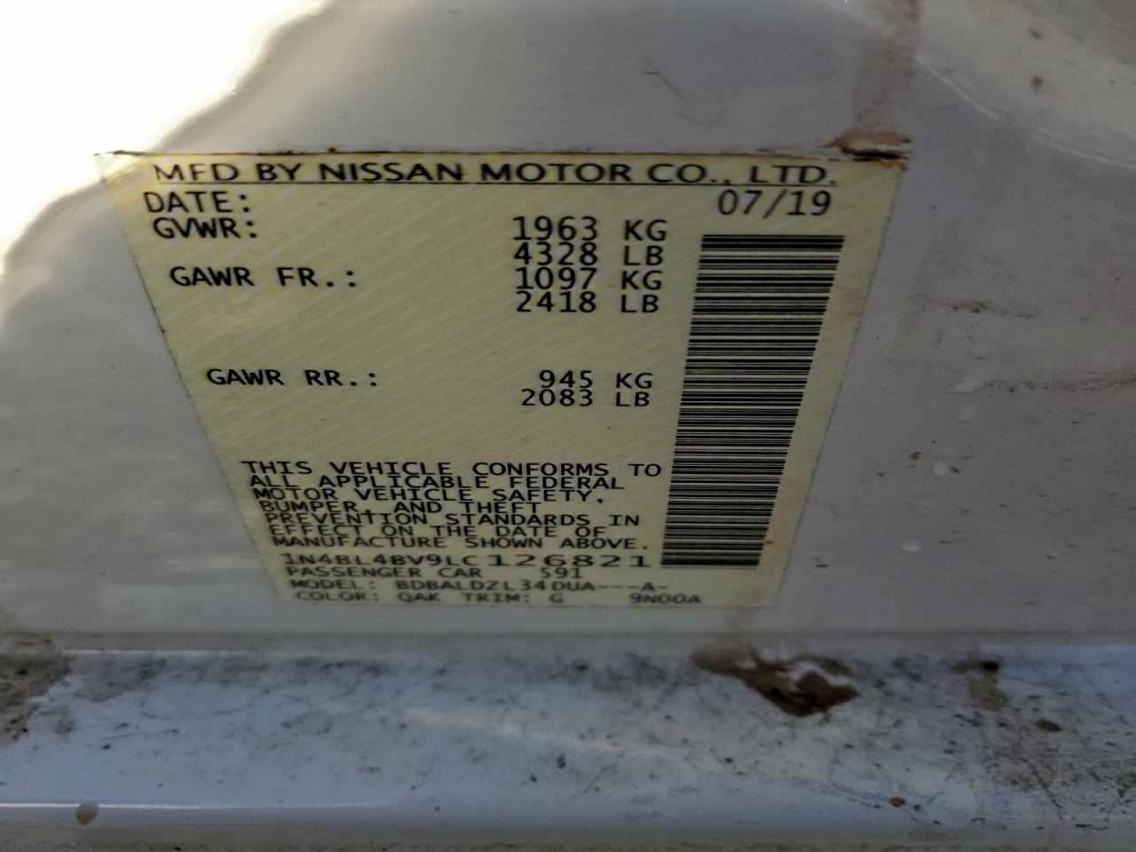 2020 Nissan Altima S VIN: 1N4BL4BV9LC126821 Lot: 94454295