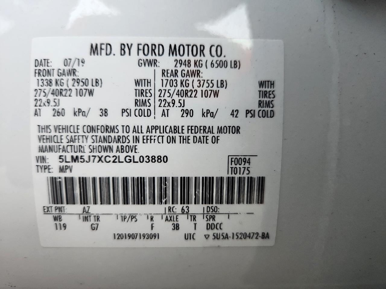 2020 Lincoln Aviator Reserve VIN: 5LM5J7XC2LGL03880 Lot: 91925545