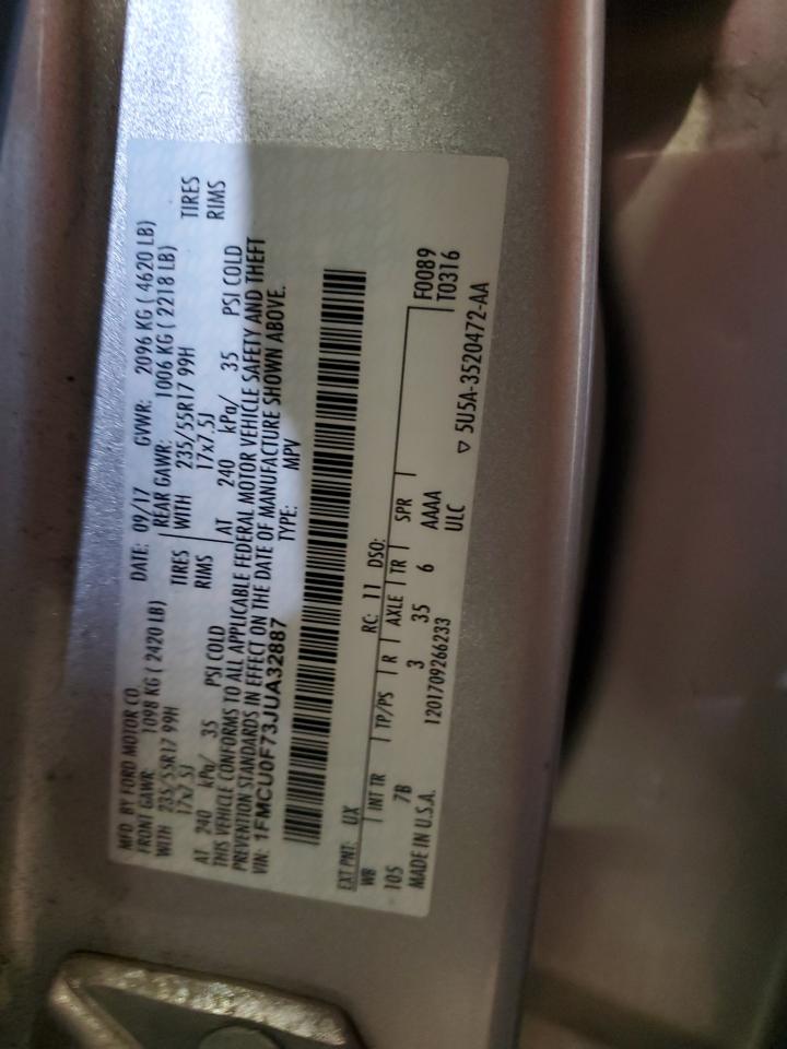 2018 Ford Escape S VIN: 1FMCU0F73JUA32887 Lot: 91210825