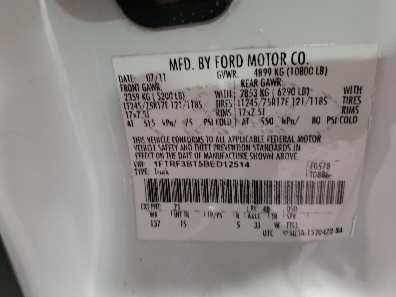 2011 Ford F350 Super Duty VIN: 1FTRF3BT5BED12514 Lot: 82757975