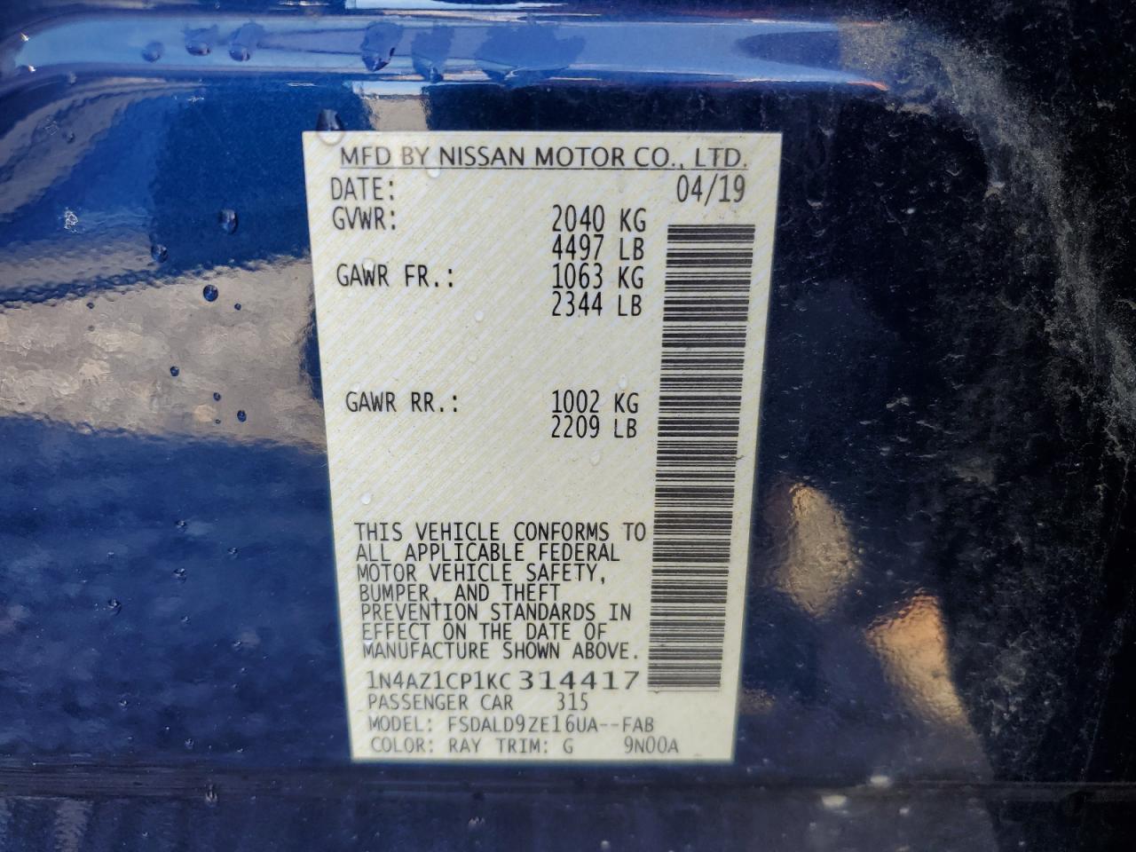 2019 Nissan Leaf S VIN: 1N4AZ1CP1KC314417 Lot: 91439755