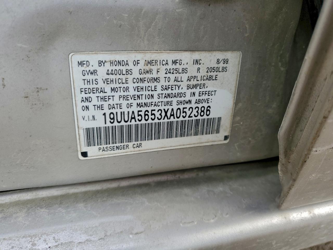 1999 Acura 3.2Tl VIN: 19UUA5653XA052386 Lot: 93569005