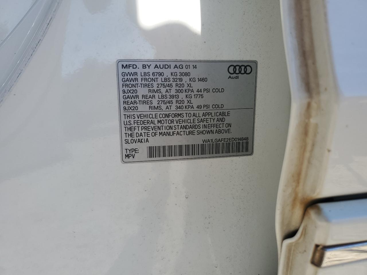 2014 Audi Q7 Premium Plus VIN: WA1LGAFE2ED014848 Lot: 91881795