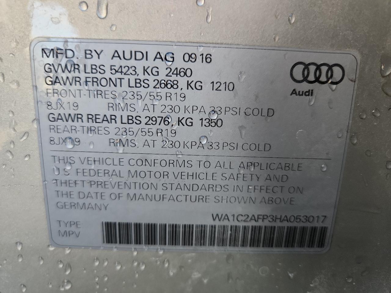 2017 Audi Q5 Premium VIN: WA1C2AFP3HA053017 Lot: 90599345