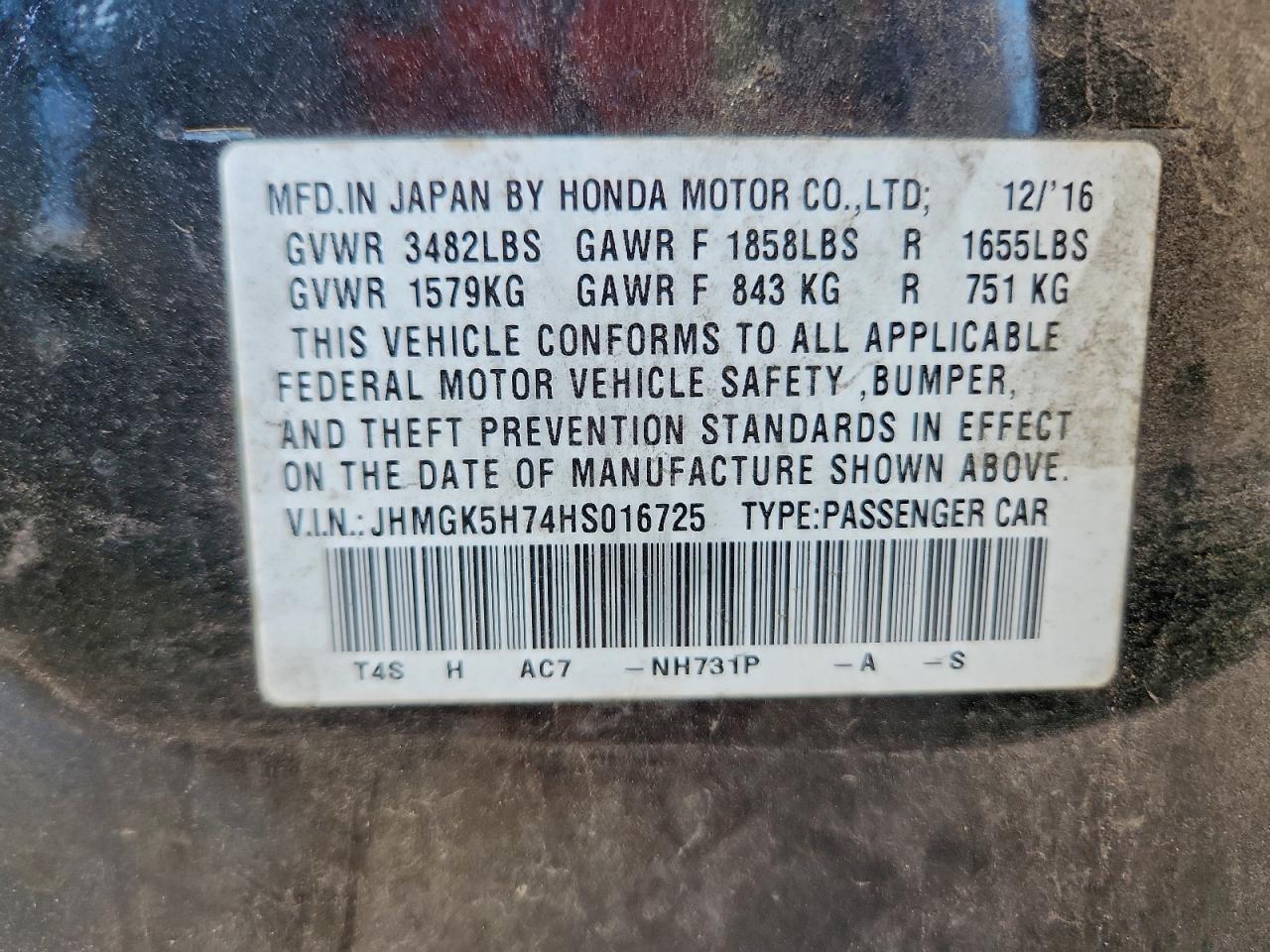 2017 Honda Fit Ex VIN: JHMGK5H74HS016725 Lot: 94319435