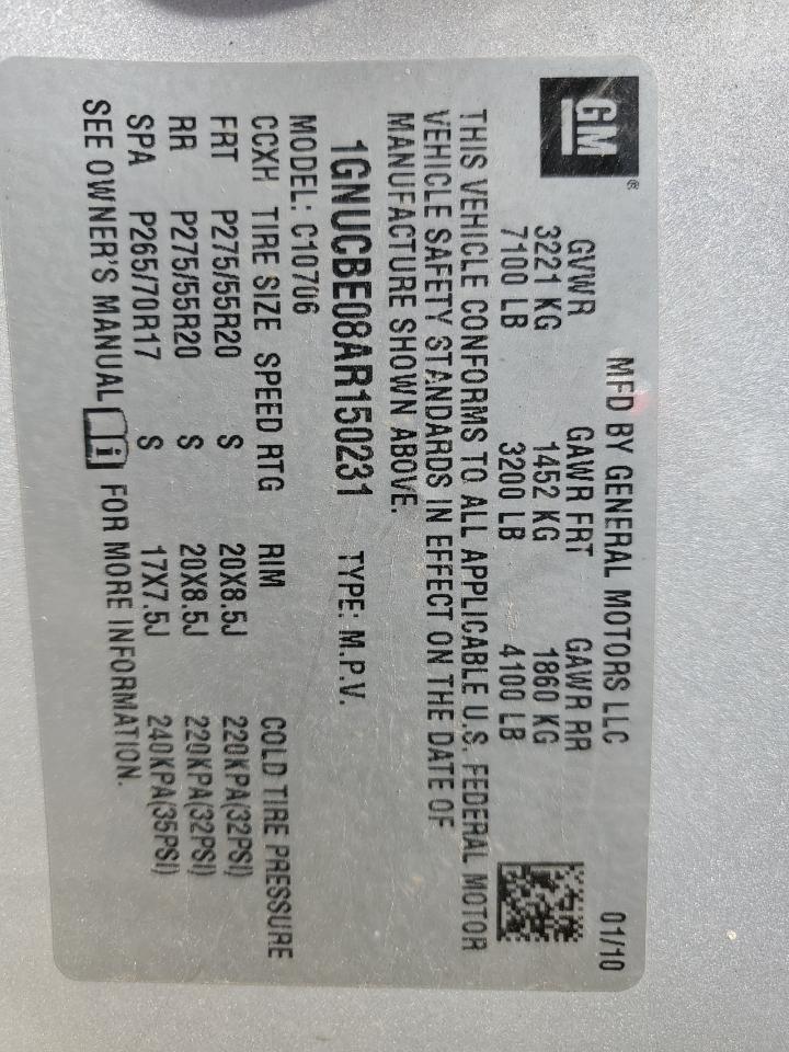 2010 Chevrolet Tahoe C1500 Lt VIN: 1GNUCBE08AR150231 Lot: 91460055