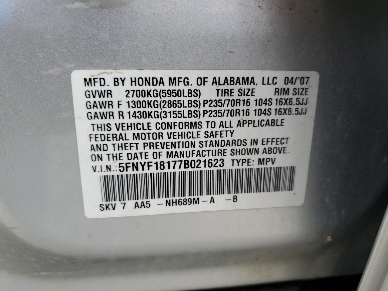 2007 Honda Pilot Lx VIN: 5FNYF18177B021623 Lot: 93662805