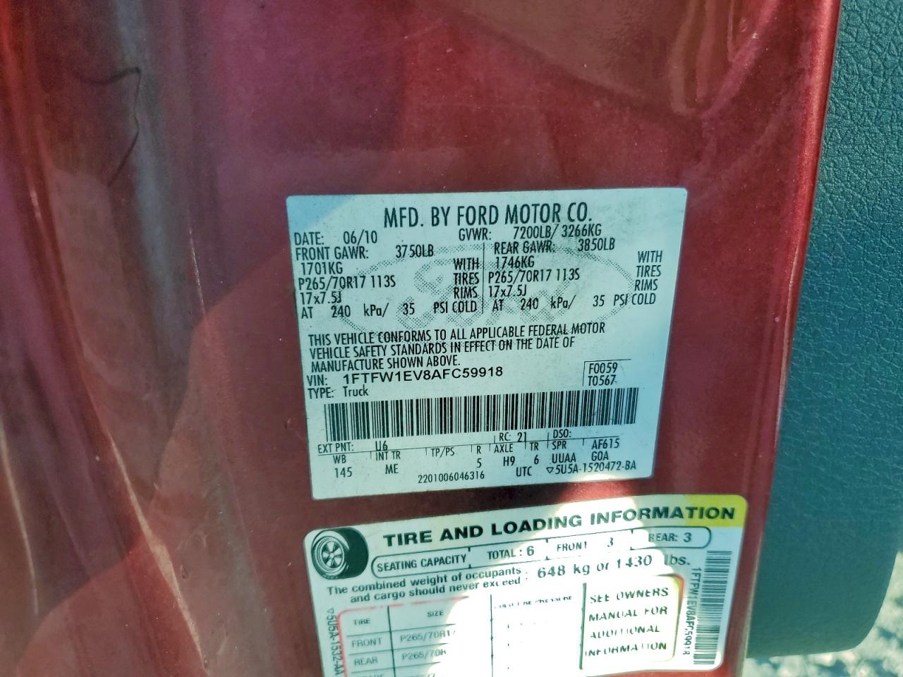 2010 Ford F150 Supercrew VIN: 1FTFW1EV8AFC59918 Lot: 93704275