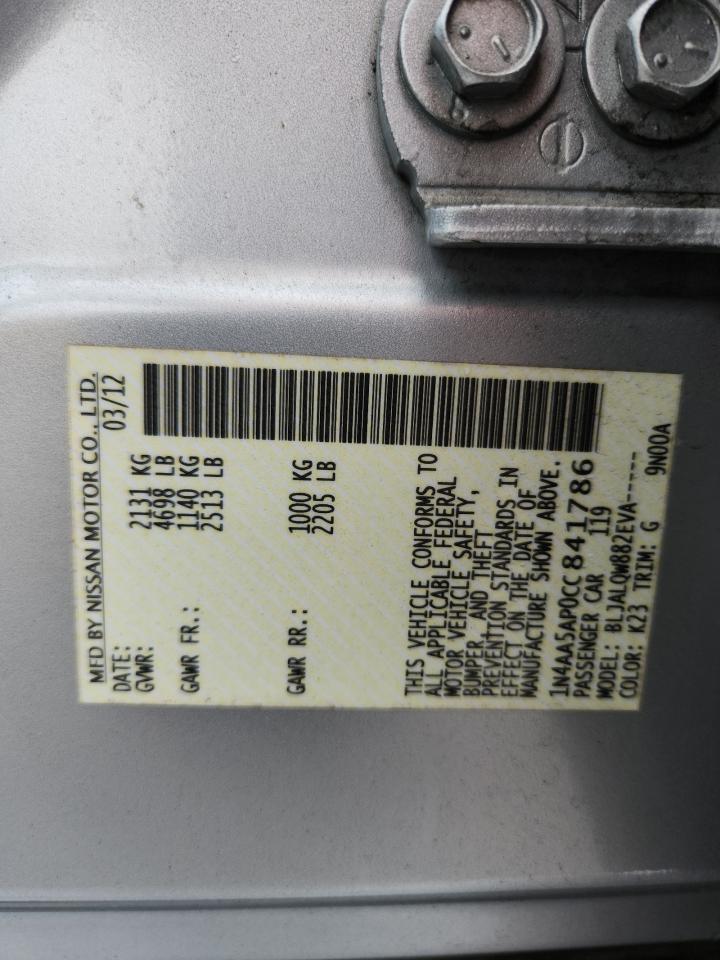 2012 Nissan Maxima S VIN: 1N4AA5AP0CC841786 Lot: 92671925