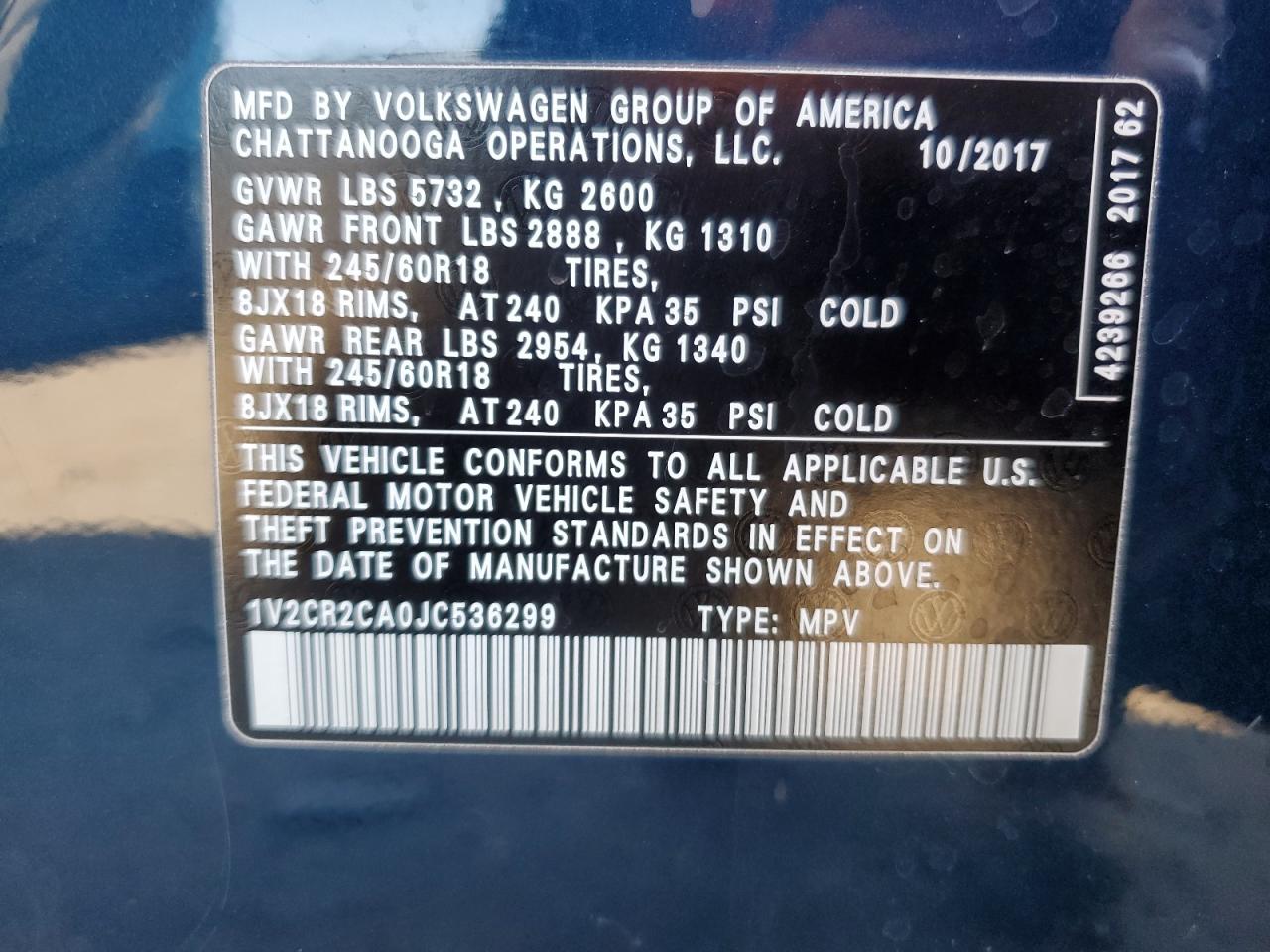 2018 Volkswagen Atlas Se VIN: 1V2CR2CA0JC536299 Lot: 91848625