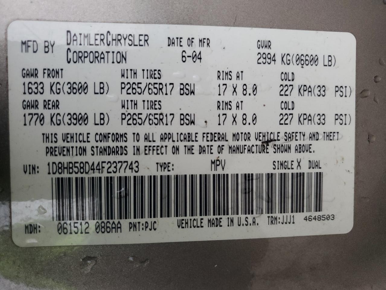 2004 Dodge Durango Limited VIN: 1D8HB58D44F237743 Lot: 92844565