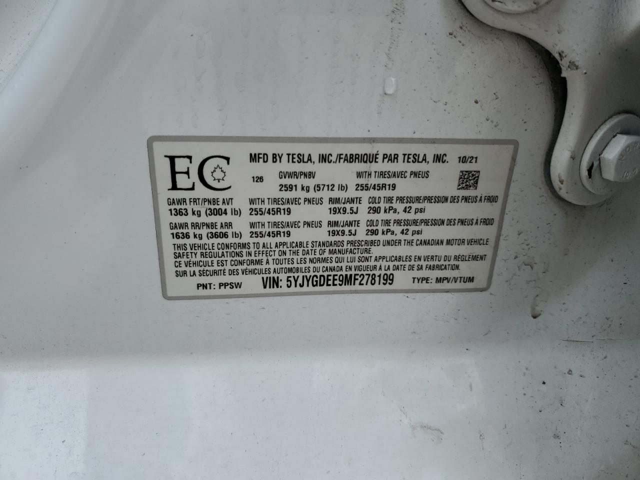 2021 Tesla Model Y VIN: 5YJYGDEE9MF278199 Lot: 90761925