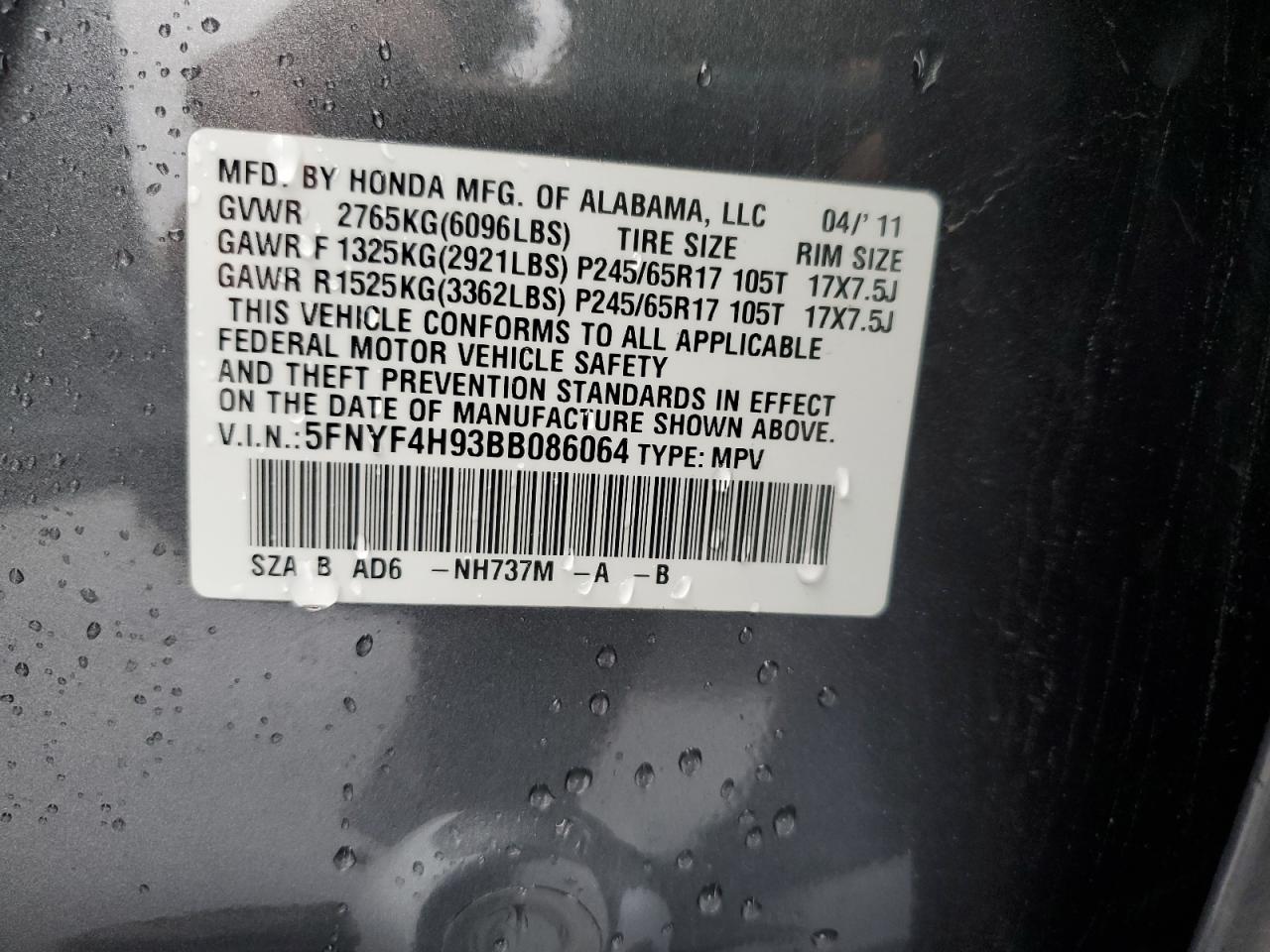 2011 Honda Pilot Touring VIN: 5FNYF4H93BB086064 Lot: 91698375