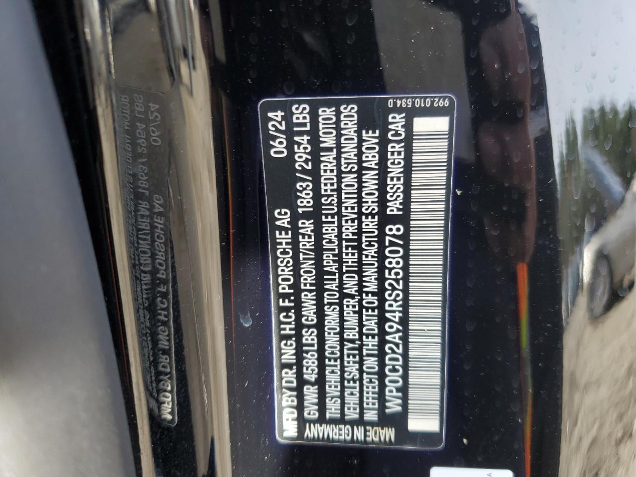 2024 Porsche 911 Turbo VIN: WP0CD2A94RS258078 Lot: 91456315