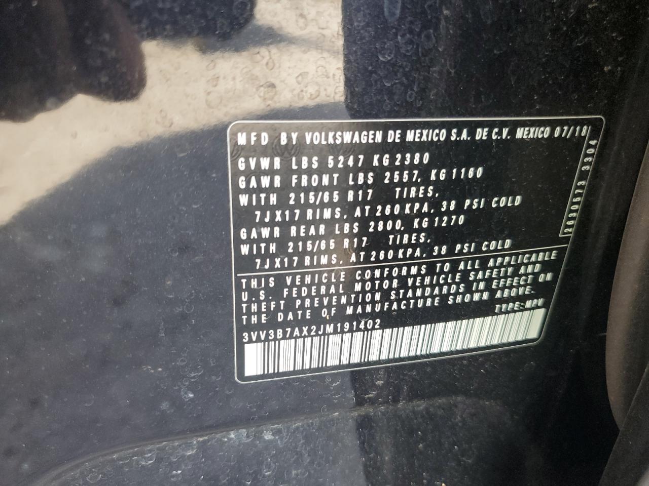 2018 Volkswagen Tiguan Se VIN: 3VV3B7AX2JM191402 Lot: 91914775