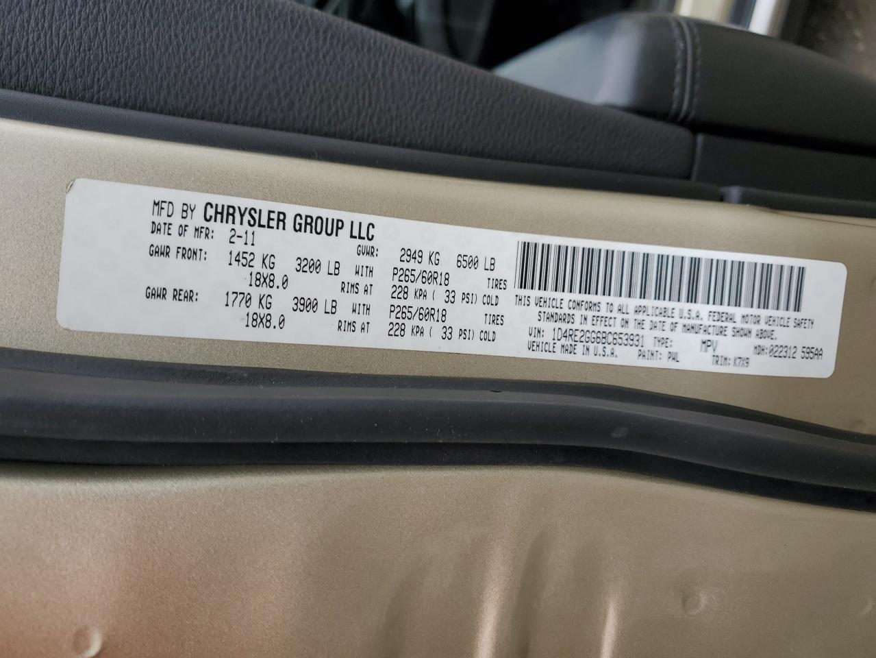 2011 Dodge Durango Express VIN: 1D4RE2GG6BC653931 Lot: 93665525