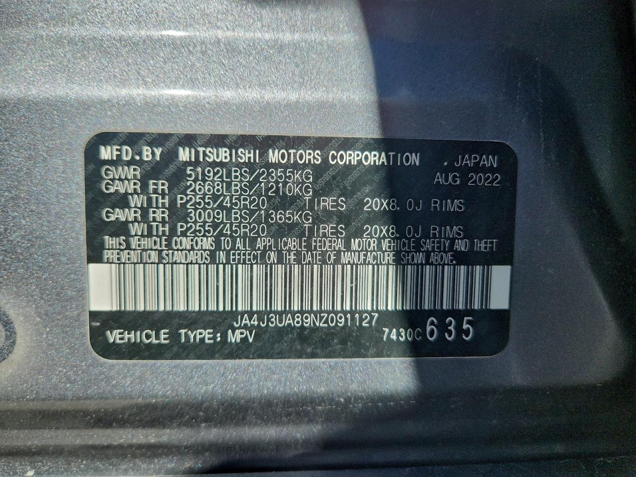2022 Mitsubishi Outlander Se VIN: JA4J3UA89NZ091127 Lot: 93520635