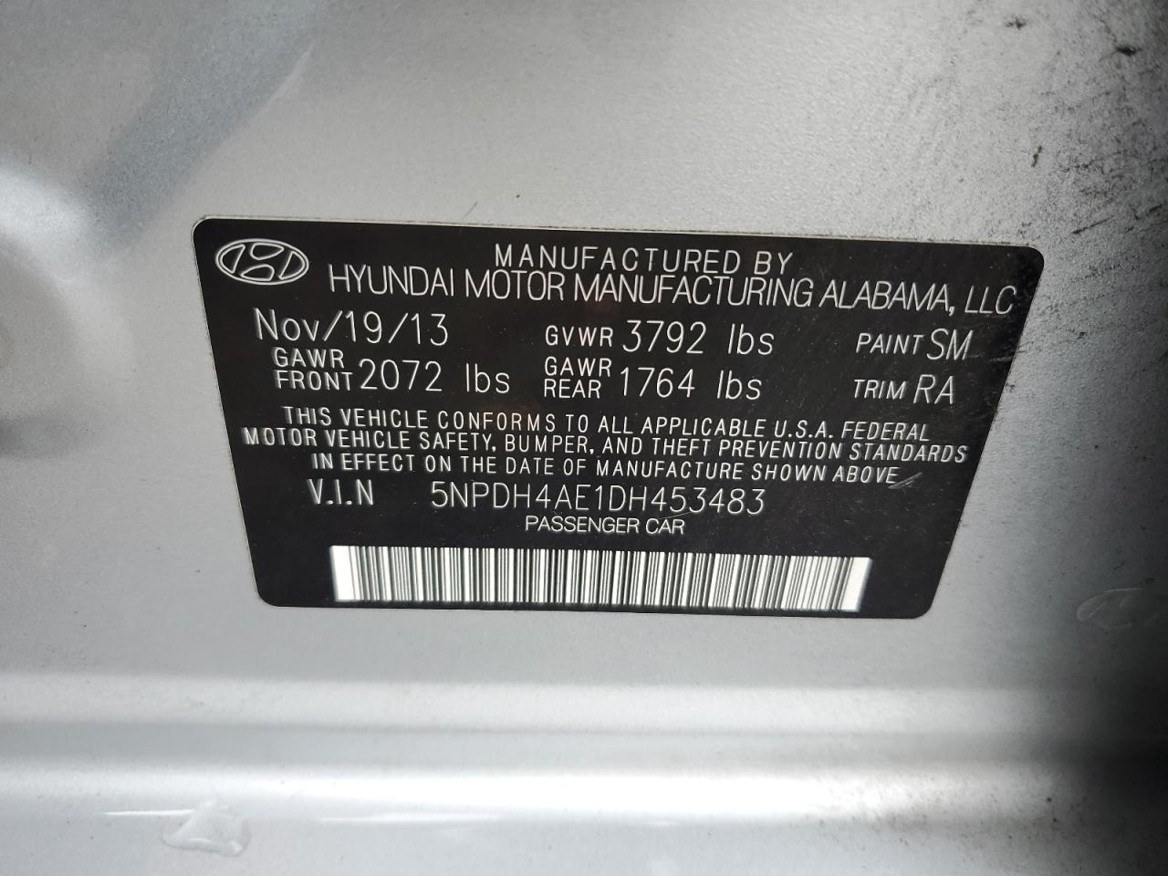 2013 Hyundai Elantra Gls VIN: 5NPDH4AE1DH453483 Lot: 93593435