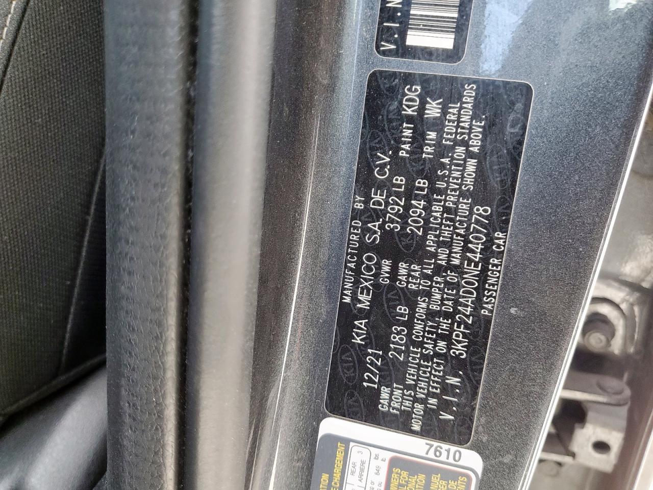 2022 Kia Forte Fe VIN: 3KPF24AD0NE440778 Lot: 93101985