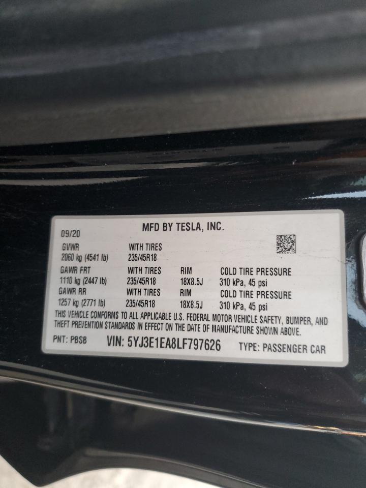 2020 Tesla Model 3 VIN: 5YJ3E1EA8LF797626 Lot: 92320945