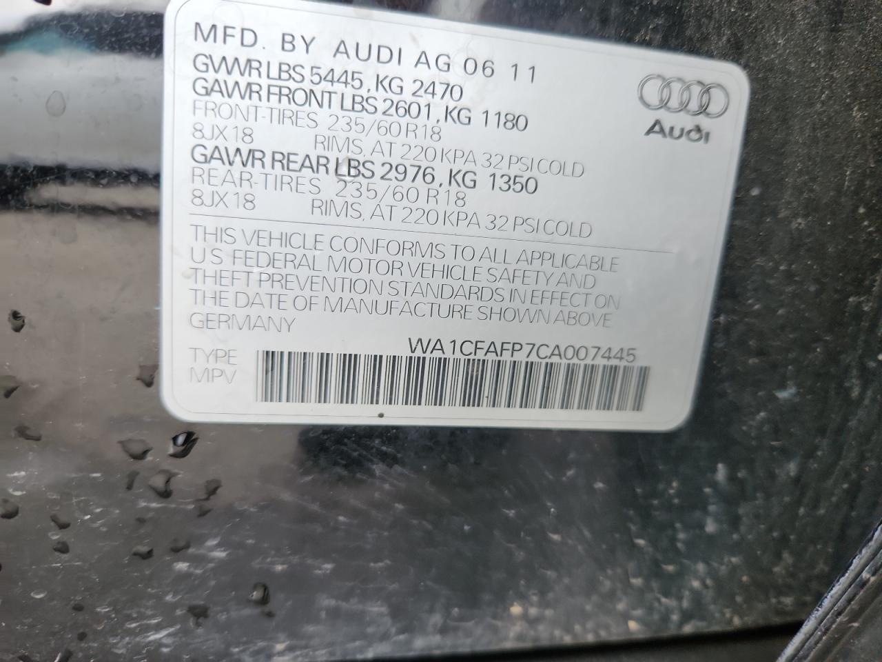 2012 Audi Q5 Premium VIN: WA1CFAFP7CA007445 Lot: 91429125