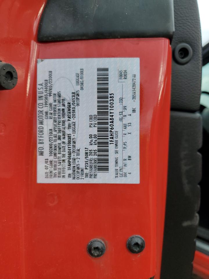 2004 Ford Thunderbird VIN: 1FAHP60A84Y100385 Lot: 91617165