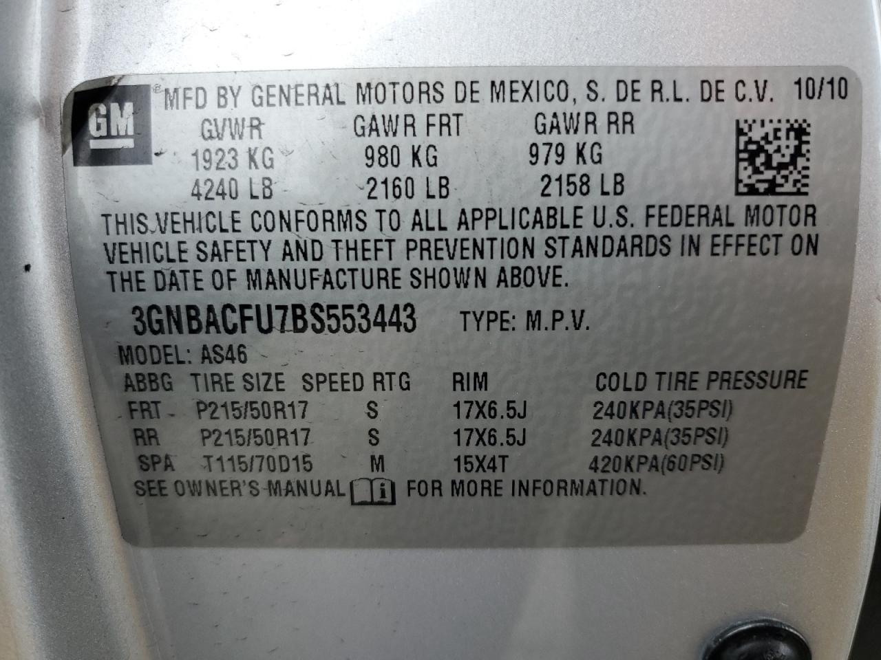 2011 Chevrolet Hhr Lt VIN: 3GNBACFU7BS553443 Lot: 93333335