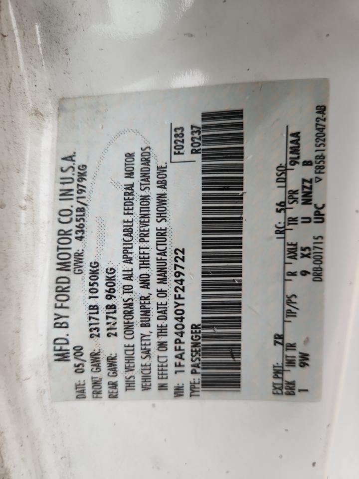 2000 Ford Mustang VIN: 1FAFP4040YF249722 Lot: 93278765