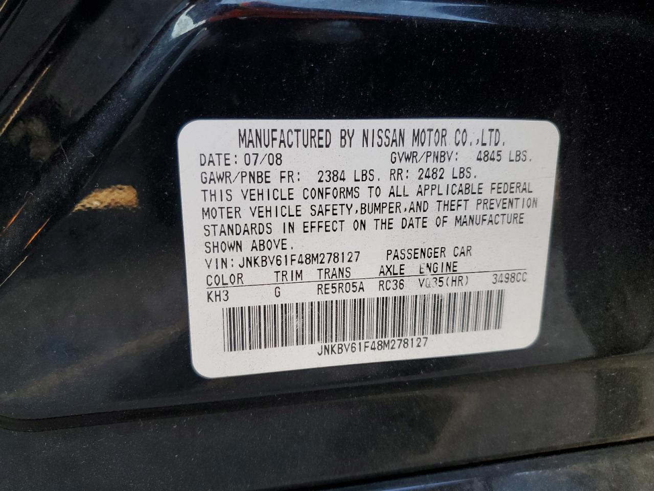 2008 Infiniti G35 VIN: JNKBV61F48M278127 Lot: 92493565