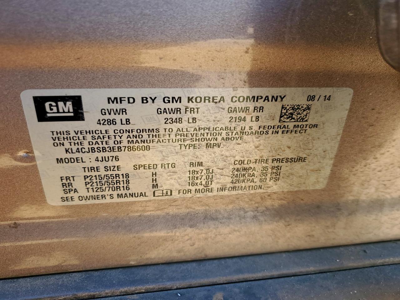 2014 Buick Encore Convenience VIN: KL4CJBSB3EB786600 Lot: 94691505