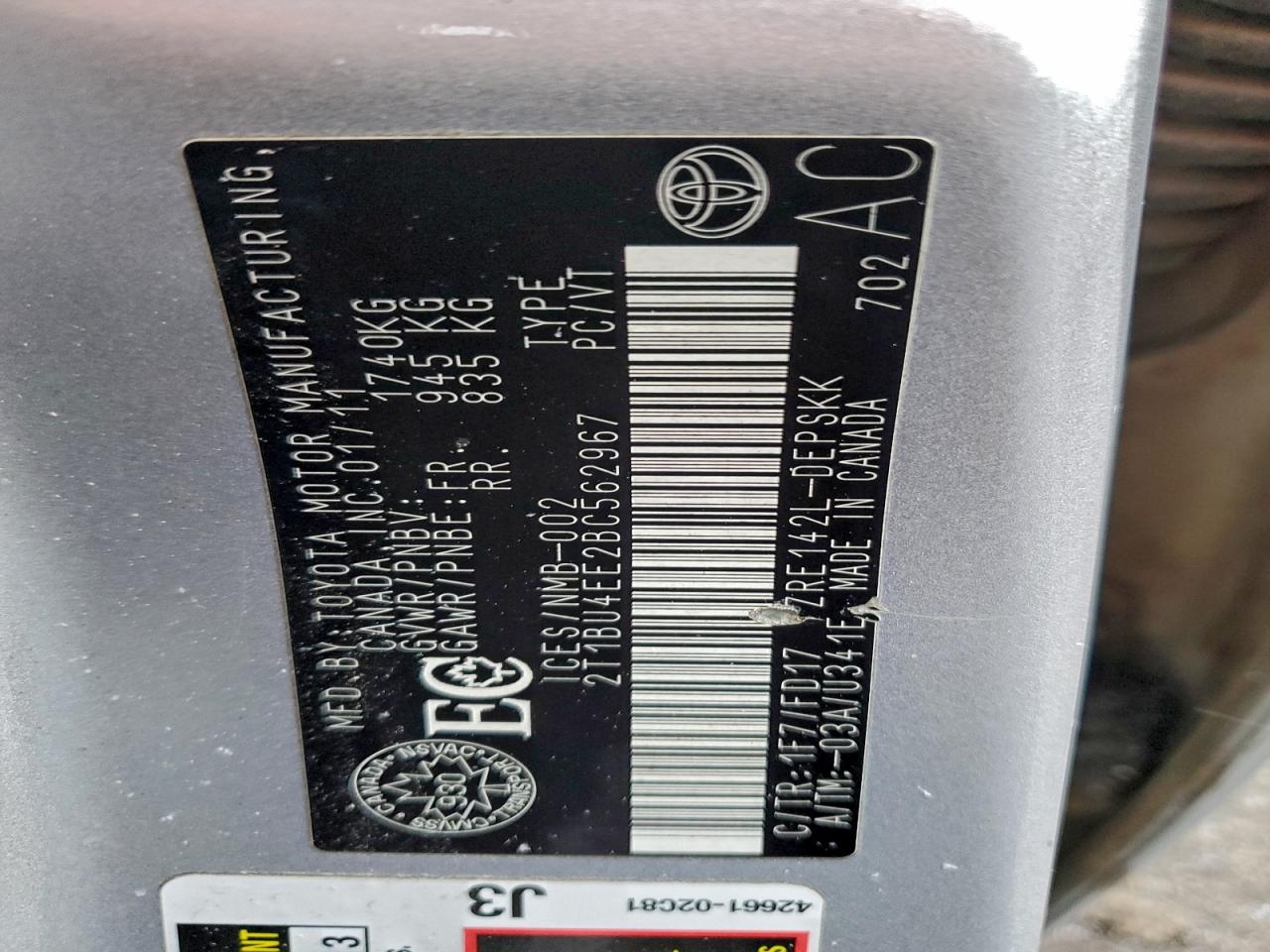 2011 Toyota Corolla Base VIN: 2T1BU4EE2BC562967 Lot: 94253505