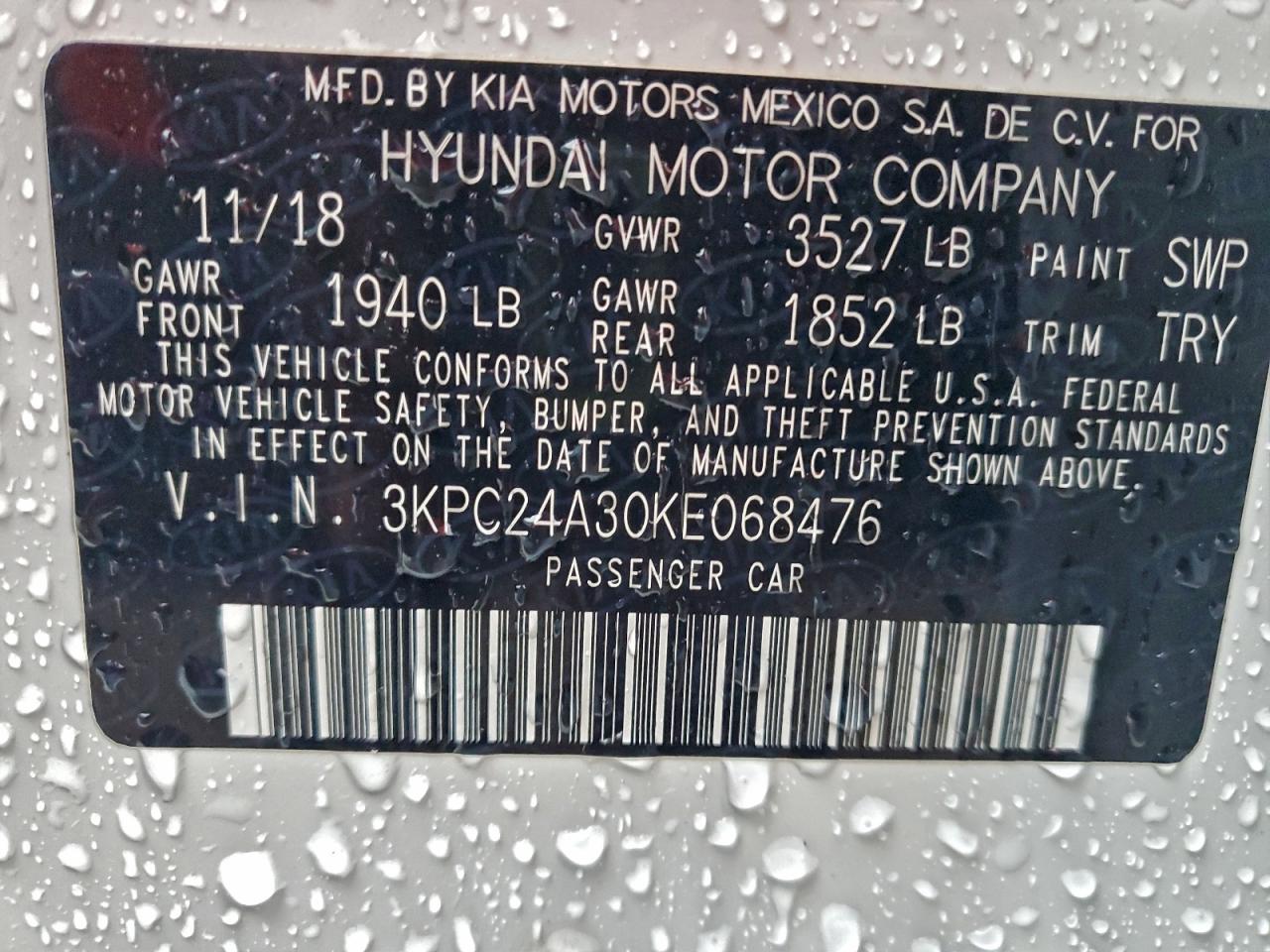 2019 Hyundai Accent Se VIN: 3KPC24A30KE068476 Lot: 94140005