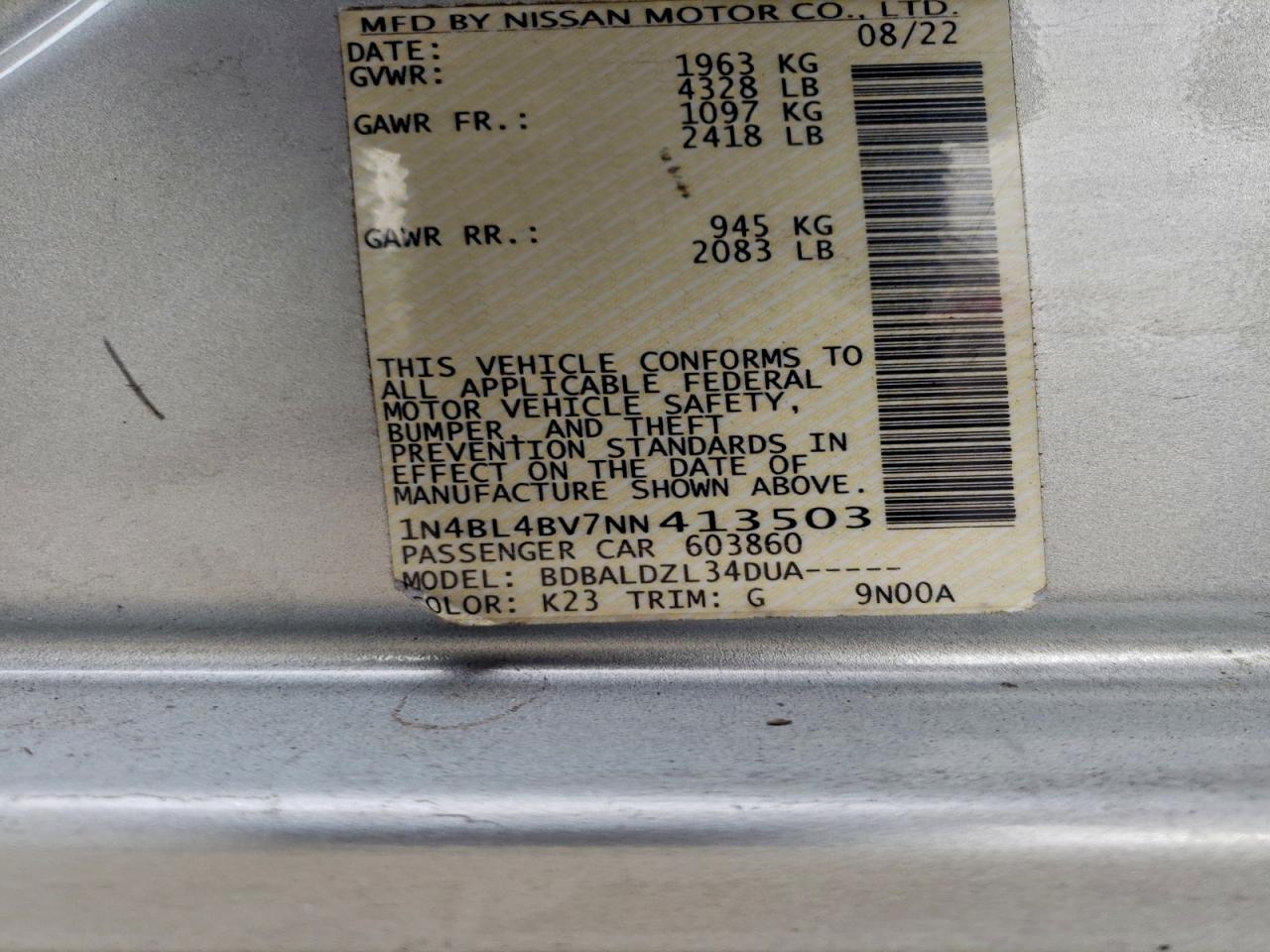 2022 Nissan Altima S VIN: 1N4BL4BV7NN413503 Lot: 92197715