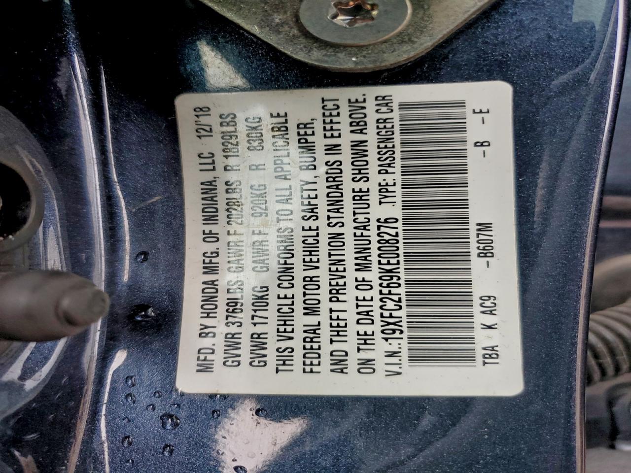 2019 Honda Civic Lx VIN: 19XFC2F69KE008276 Lot: 90215235