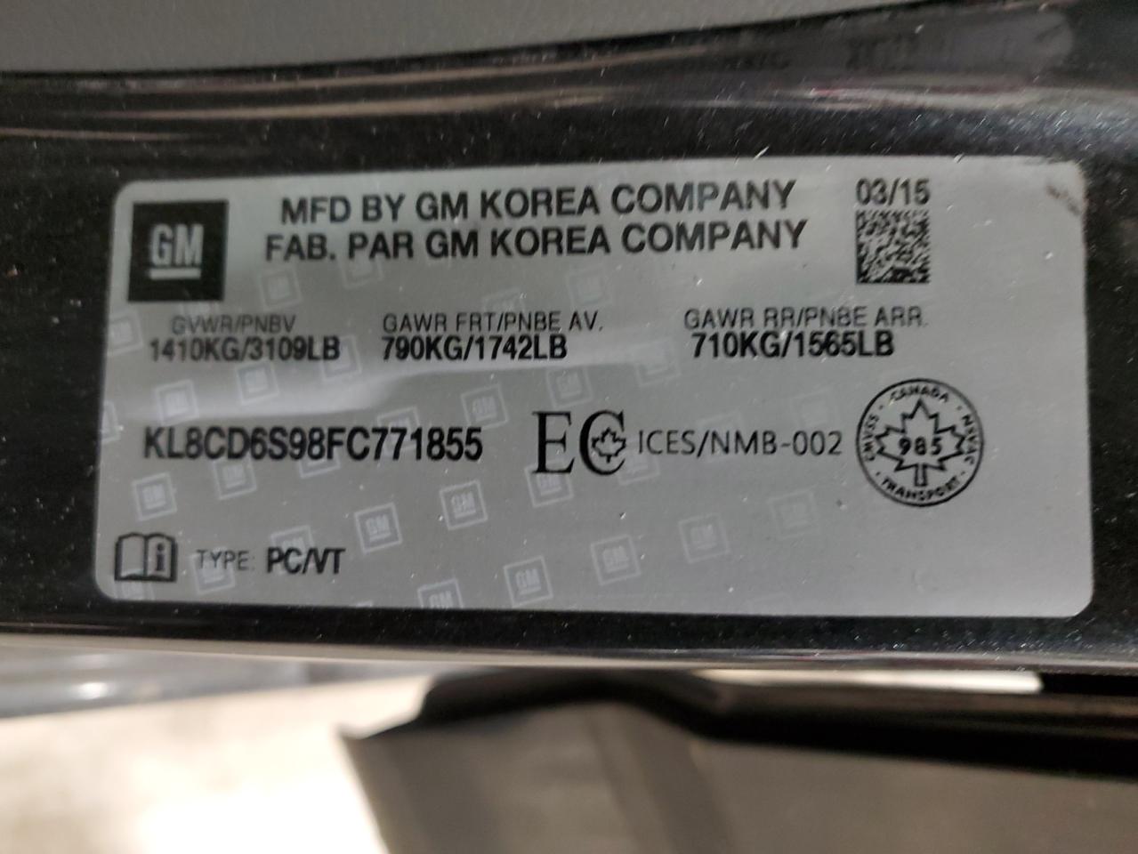 2015 Chevrolet Spark 1Lt VIN: KL8CD6S98FC771855 Lot: 90397775