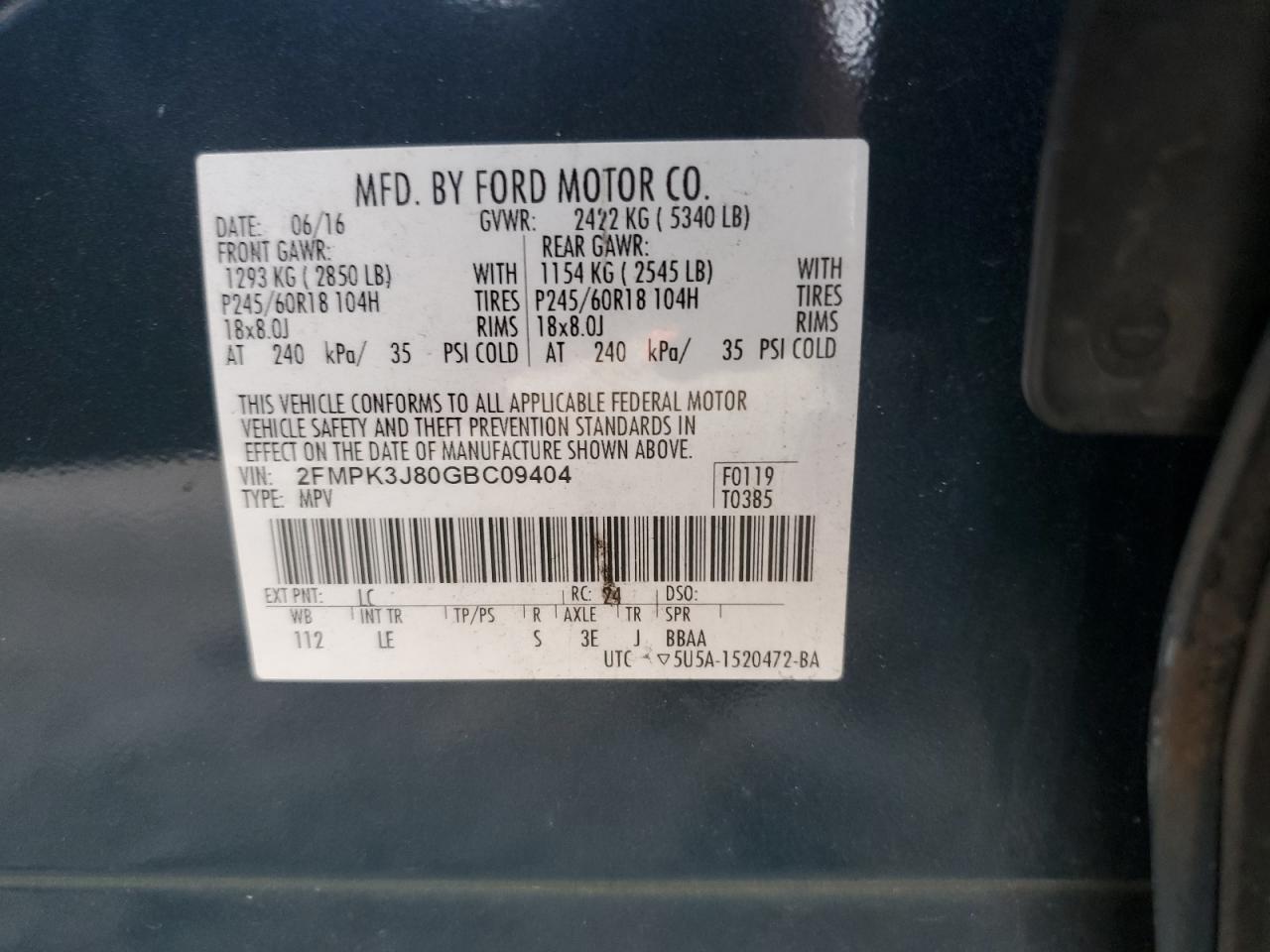 2016 Ford Edge Sel VIN: 2FMPK3J80GBC09404 Lot: 91368115