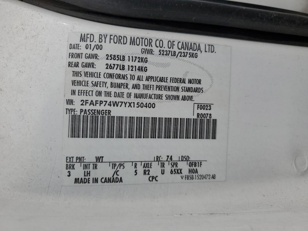2000 Ford Crown Victoria Lx VIN: 2FAFP74W7YX150400 Lot: 92642645