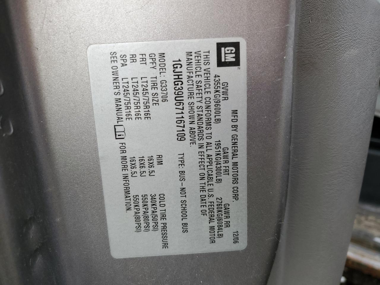 2007 GMC Savana G3500 VIN: 1GJHG39U671167109 Lot: 91087285