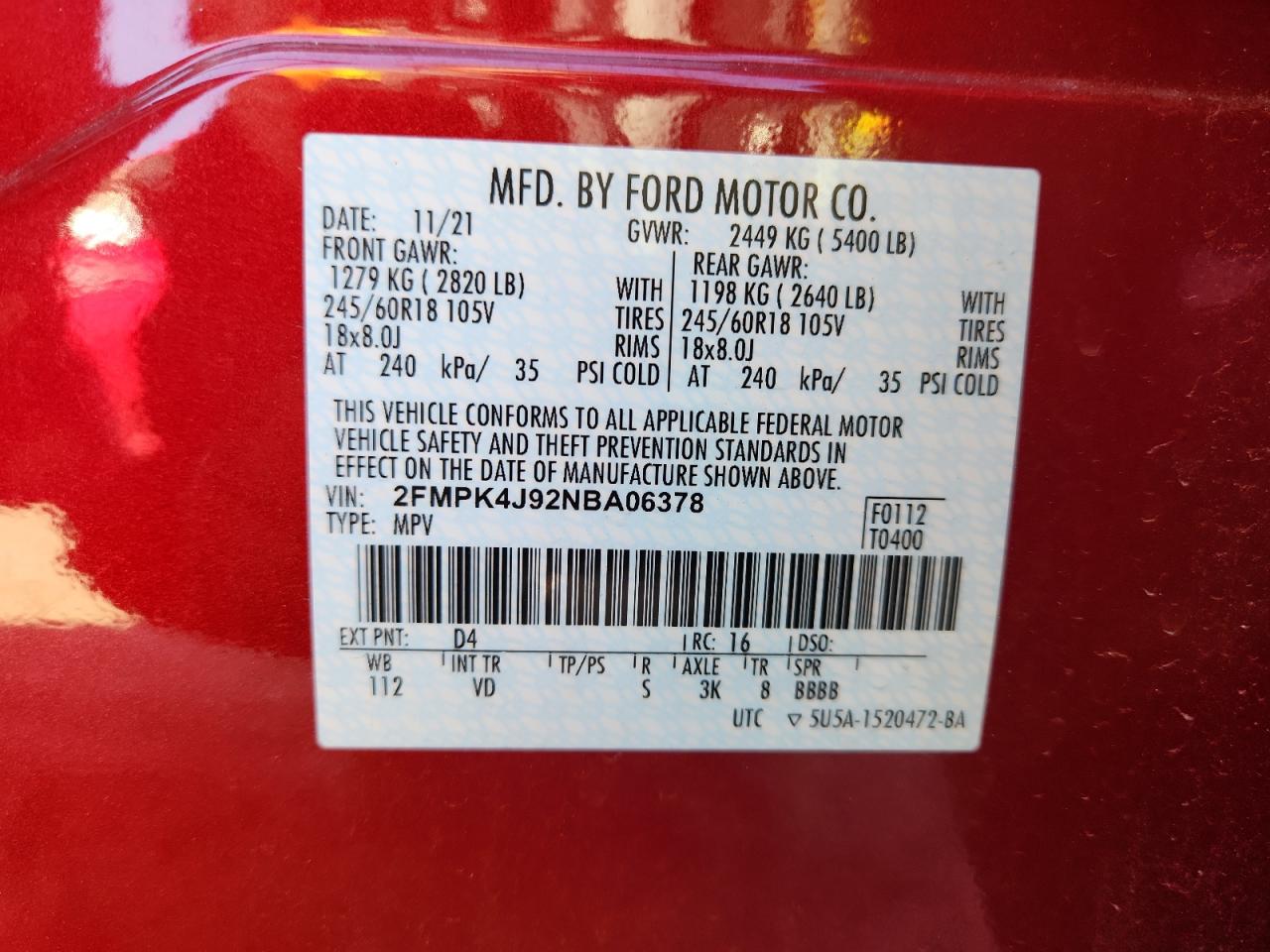 2022 Ford Edge Sel VIN: 2FMPK4J92NBA06378 Lot: 92395235