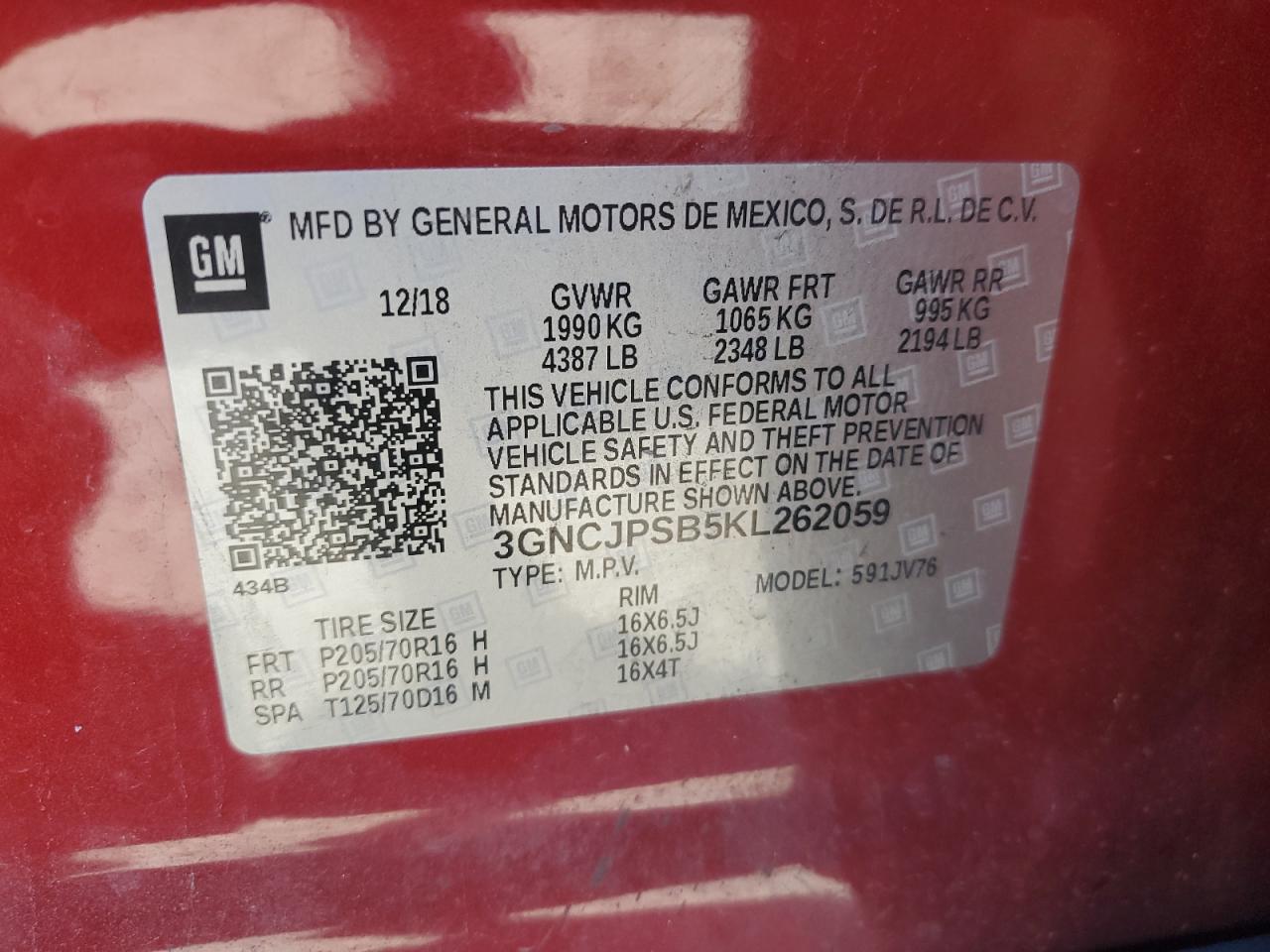 2019 Chevrolet Trax 1Lt VIN: 3GNCJPSB5KL262059 Lot: 90716875